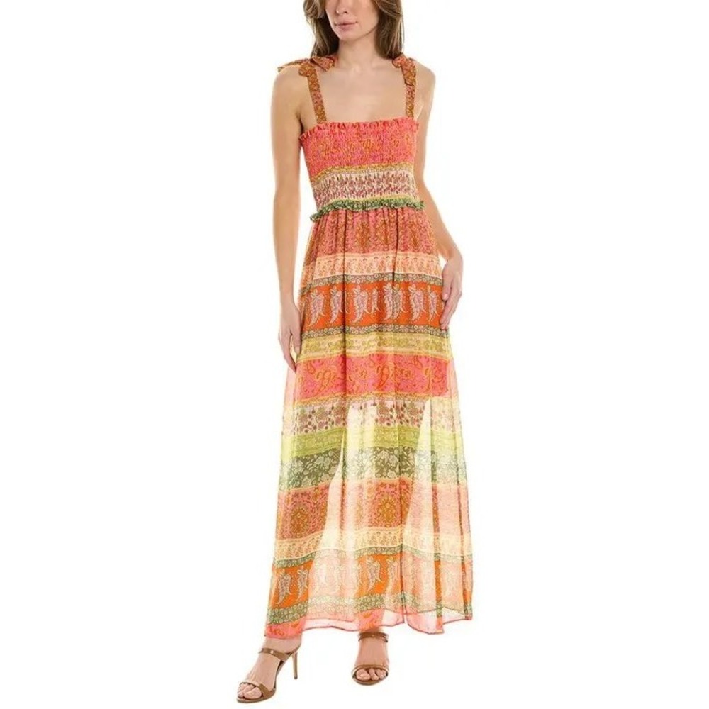 Maison Tara Abstract Stripe Smocked Ruffle Maxi Dress Womens Boho Colorful Cute